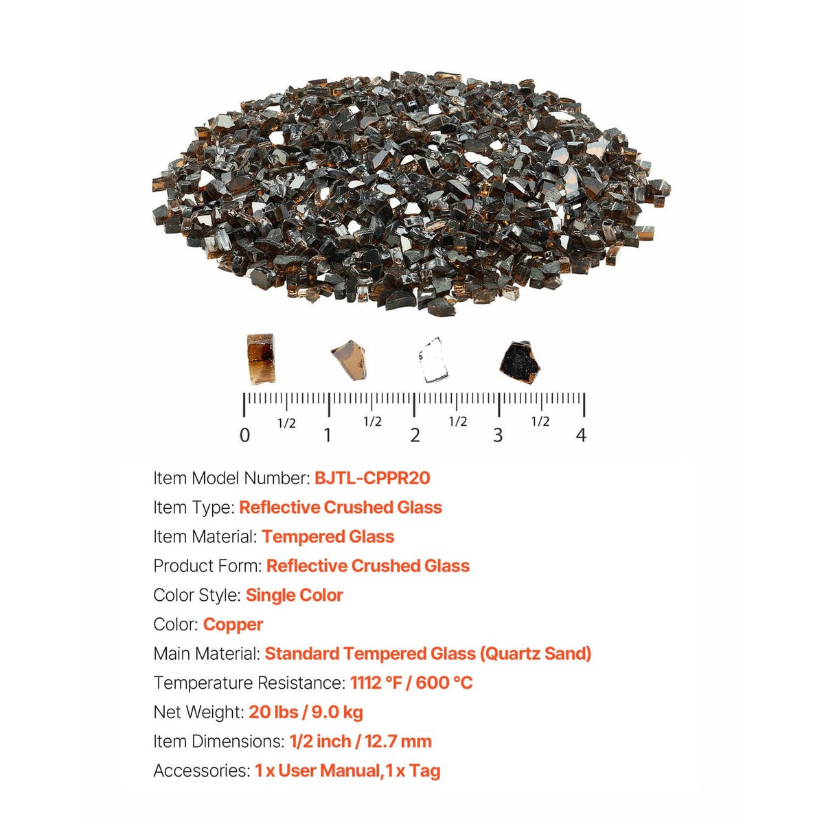 Copper tempered crushed glass rocks with small sample pieces and scale marks