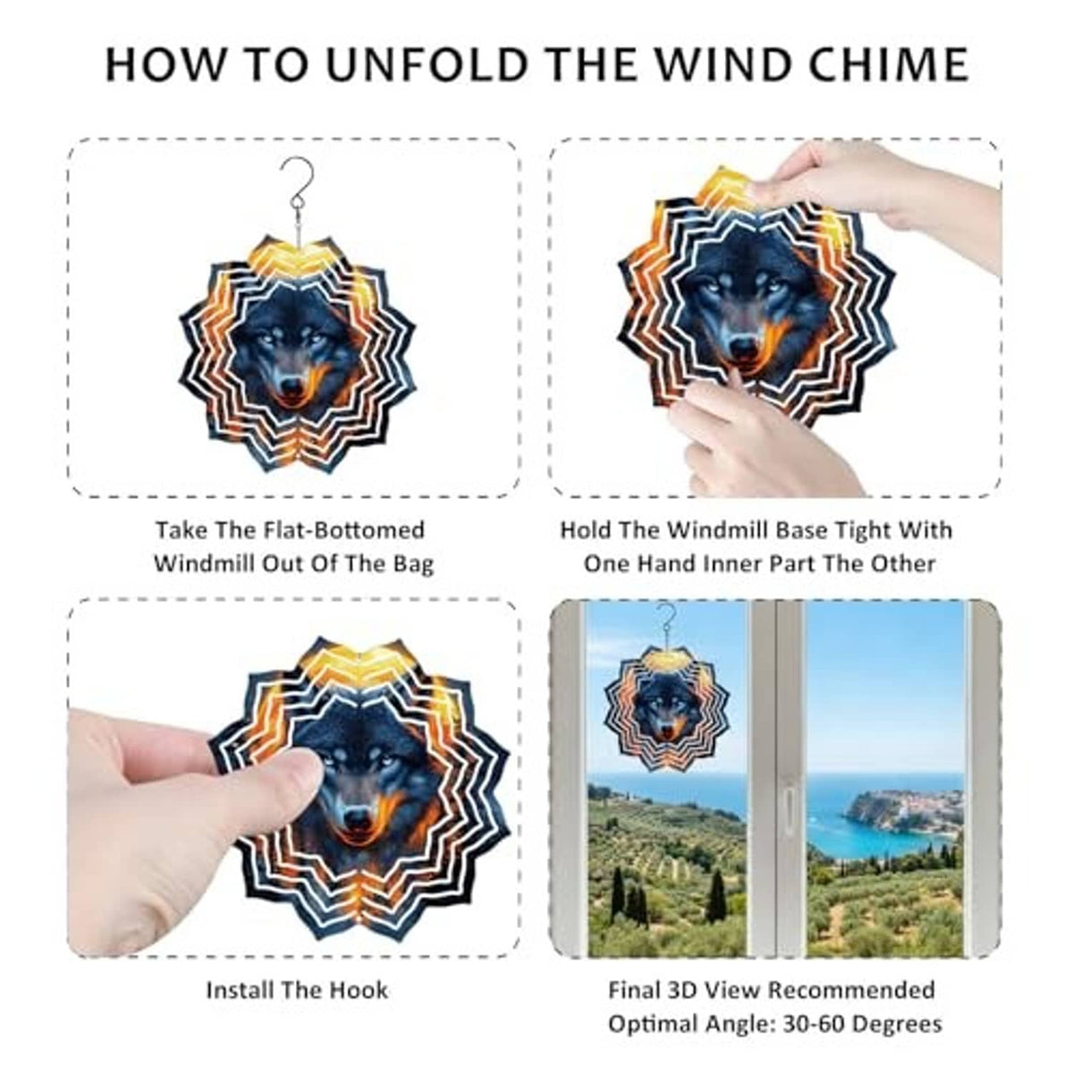 Unfolded wolf wind spinner rosette, blue face and orange/white wavy metal fins