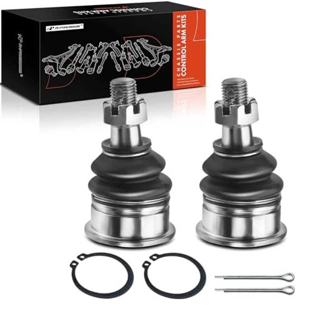 Pair of front upper ball joints with black rubber boots, metal caps, O-rings and pins