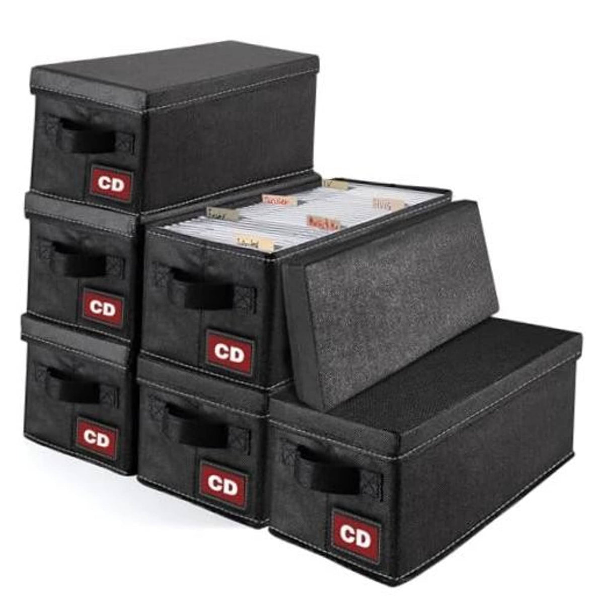 Set of black collapsible CD storage boxes with hinged lid and front drawer compartments