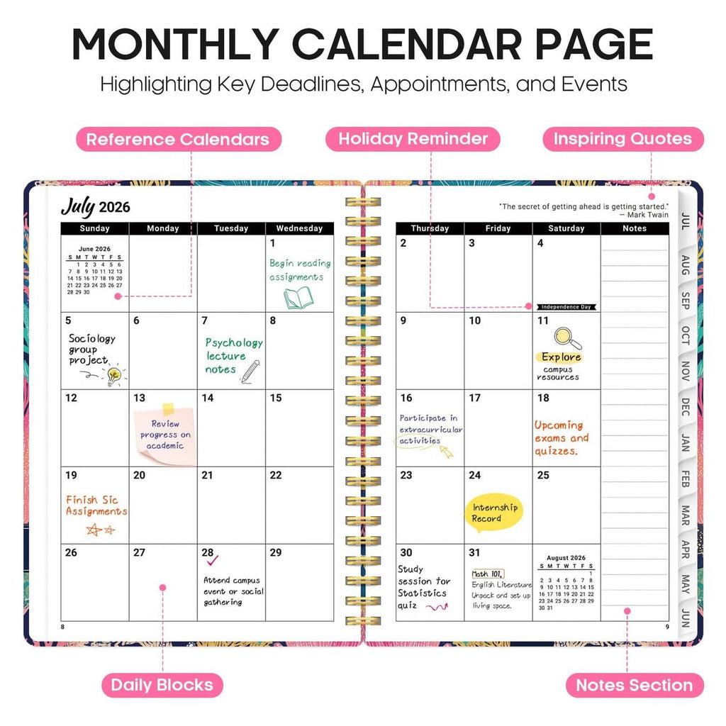 2026–2027 monthly calendar page spread with notes and colorful key dates highlights
