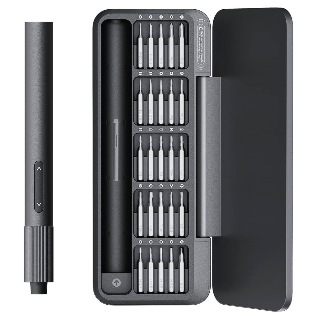 Rechargeable precision electric screwdriver set with open storage case and multiple bits