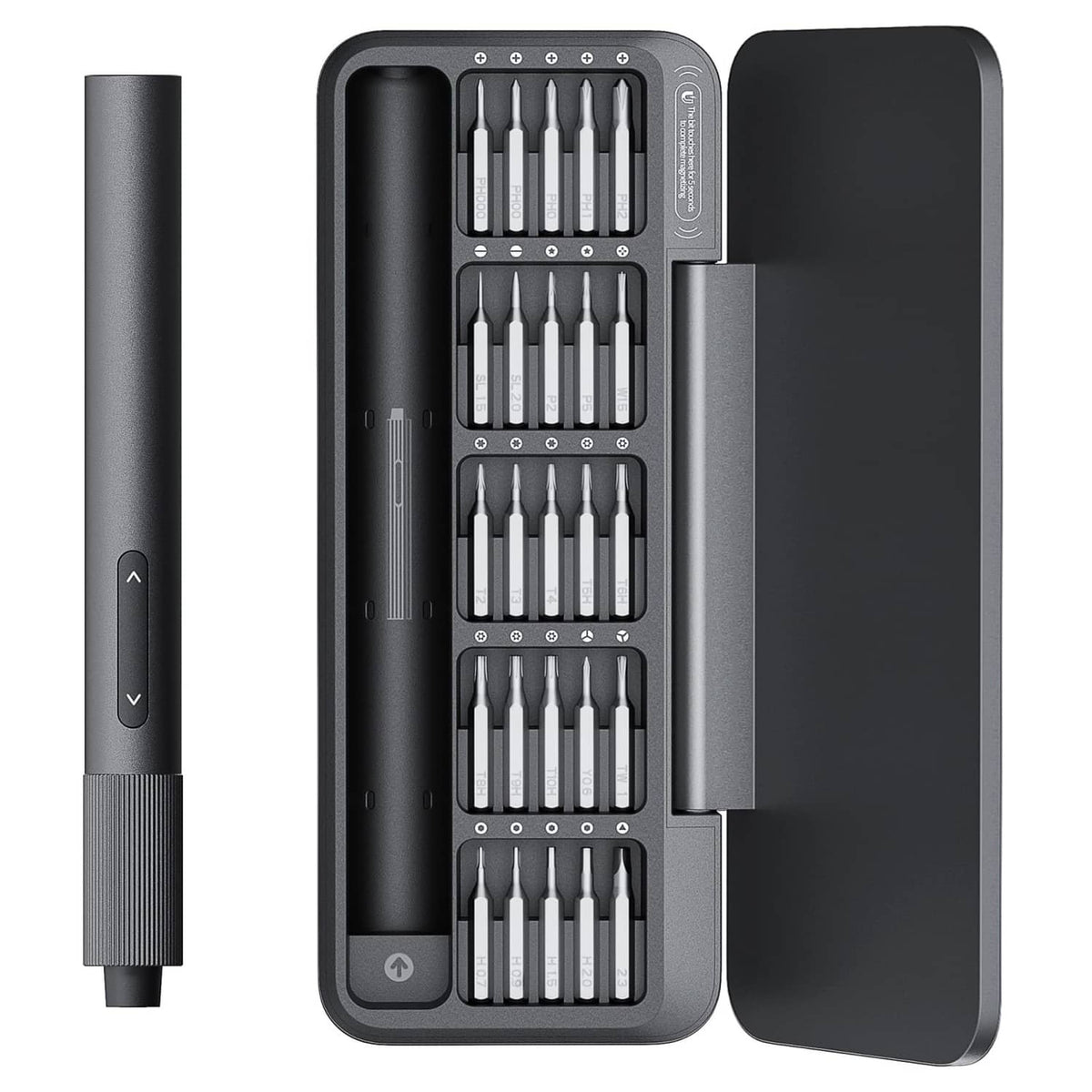 Rechargeable precision electric screwdriver set with open storage case and multiple bits