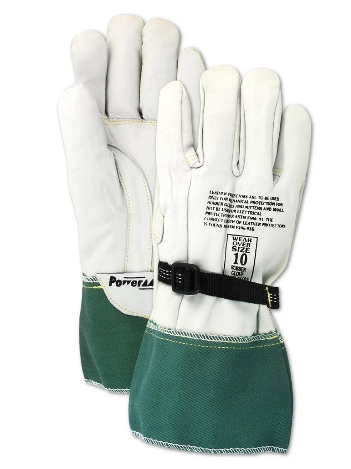 Leather electrical work gloves, white leather with green cuff and black wrist strap