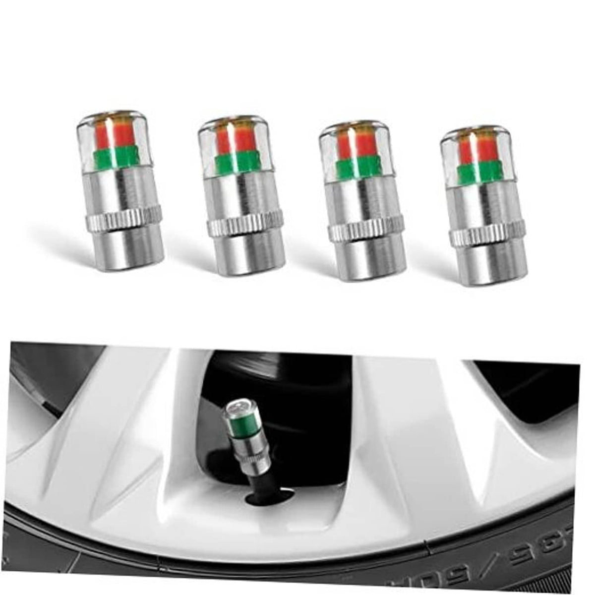 Set of four metal tire valve stem caps with red and green indicator bands