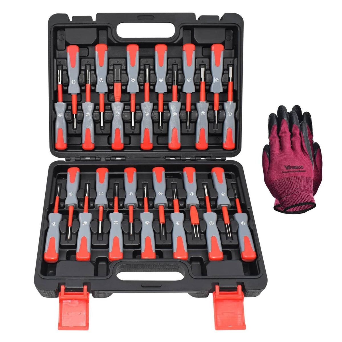 Universal terminal removal tool kit in case with red-gray drivers and gloves