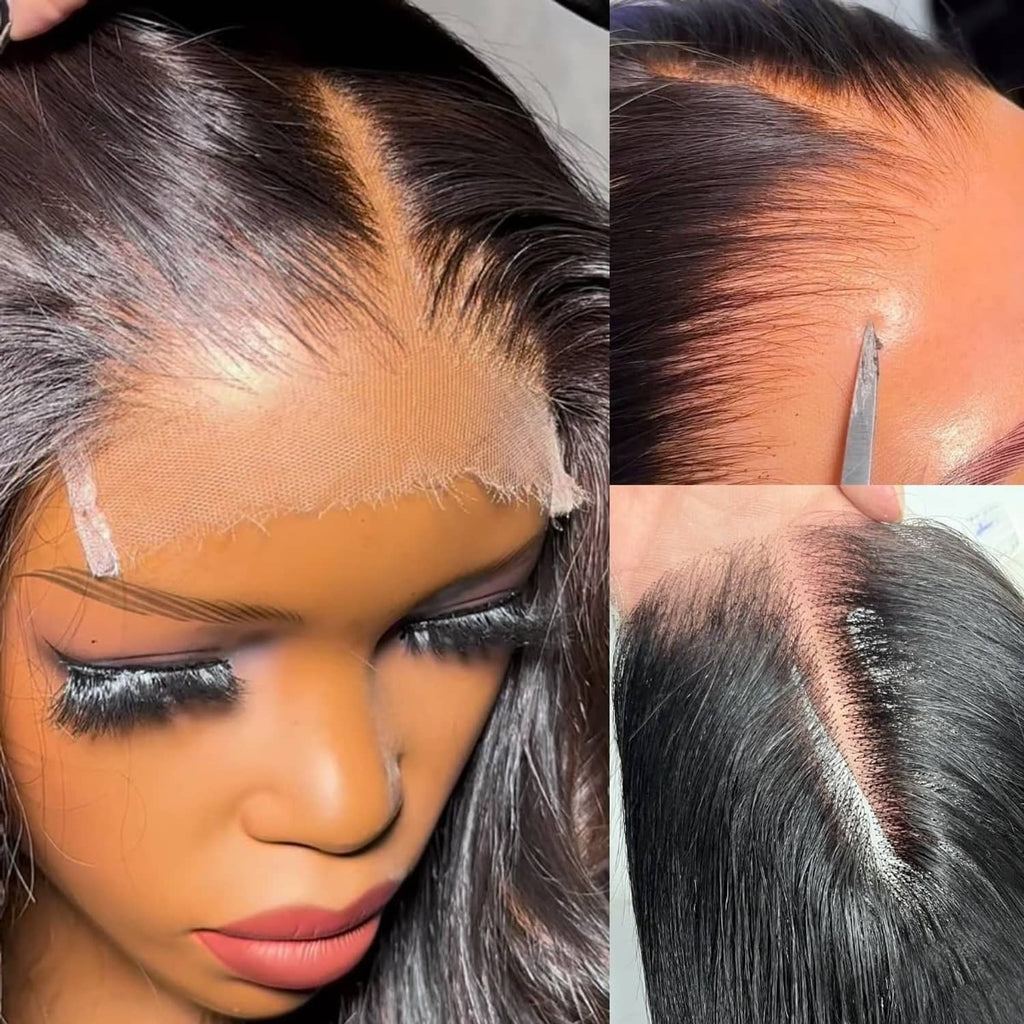Straight black lace closure close-up showing hair parting and edges