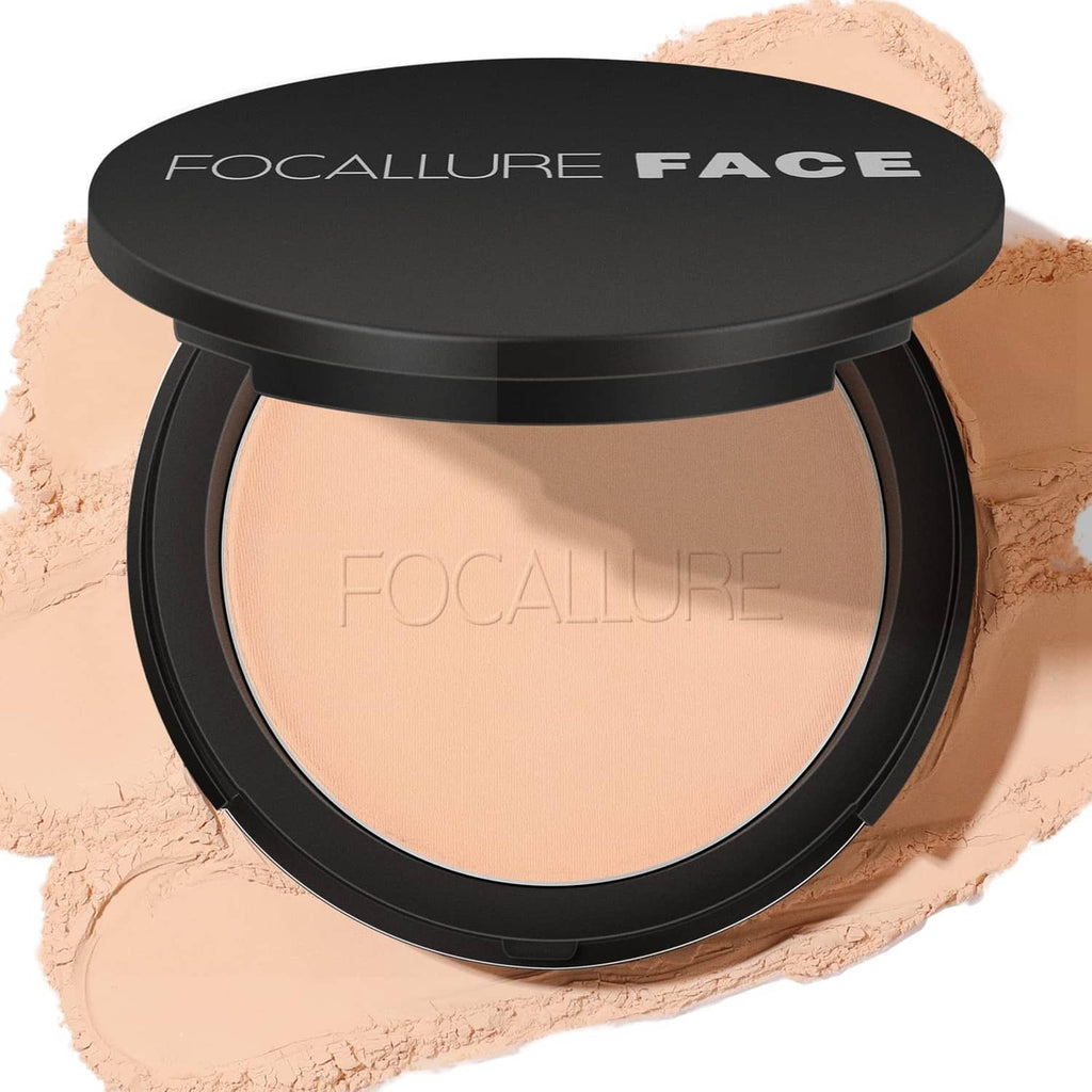 Focallure pressed powder compact with beige shade in black round case