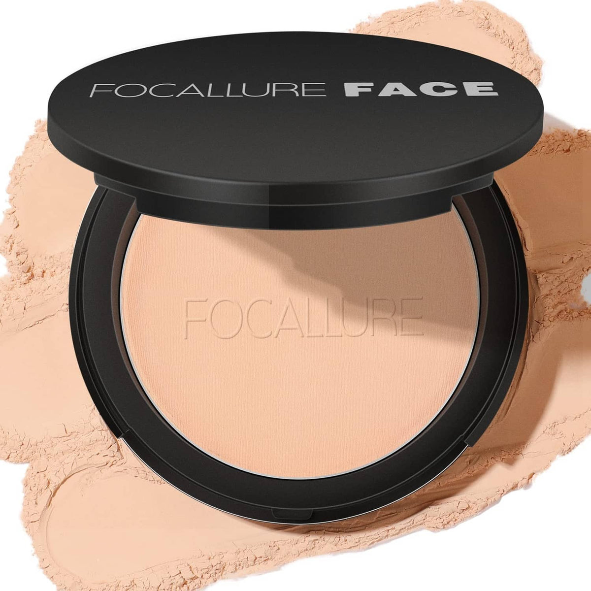 Focallure pressed powder compact with beige shade in black round case
