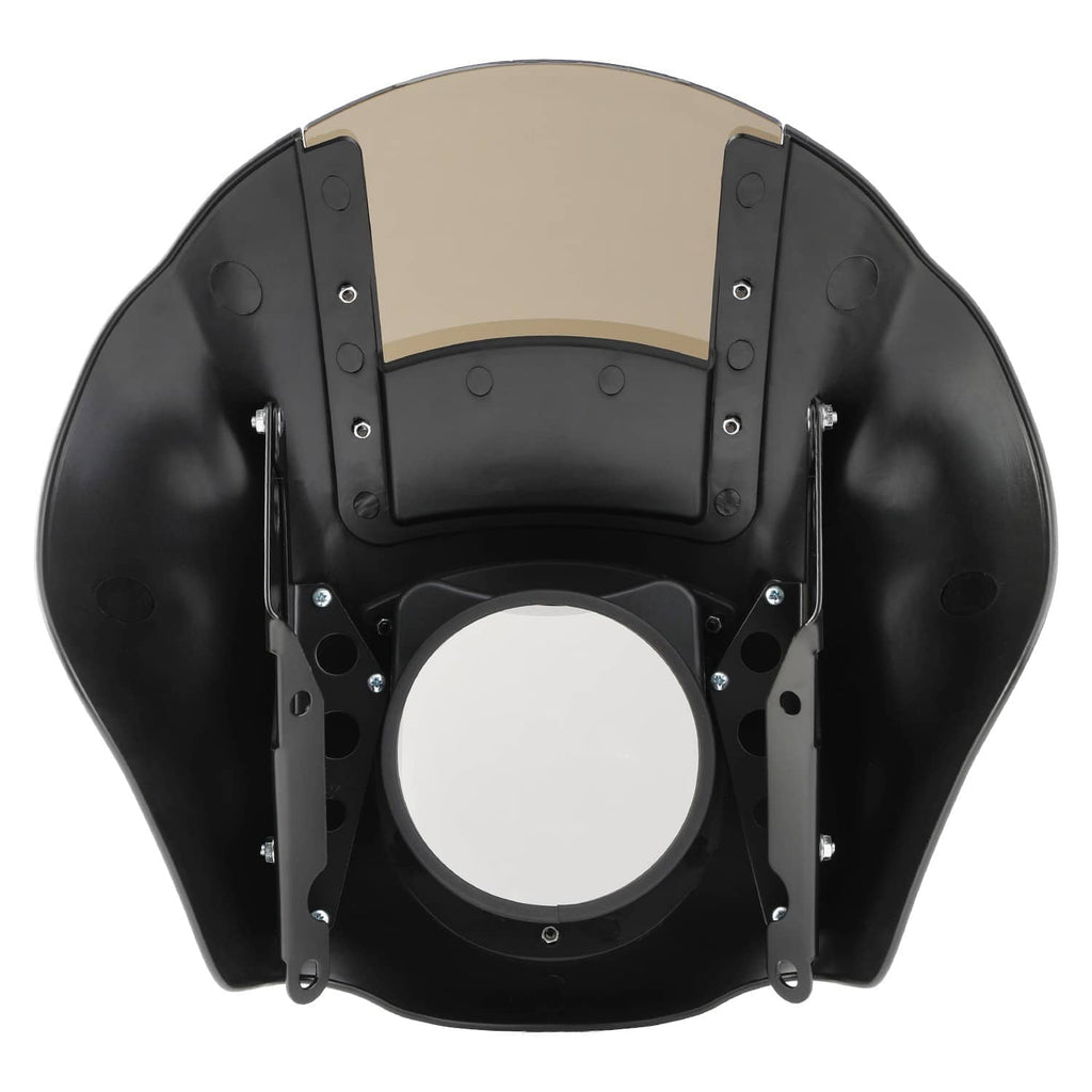 Black front fairing with smoke windshield and mounting brackets, front view