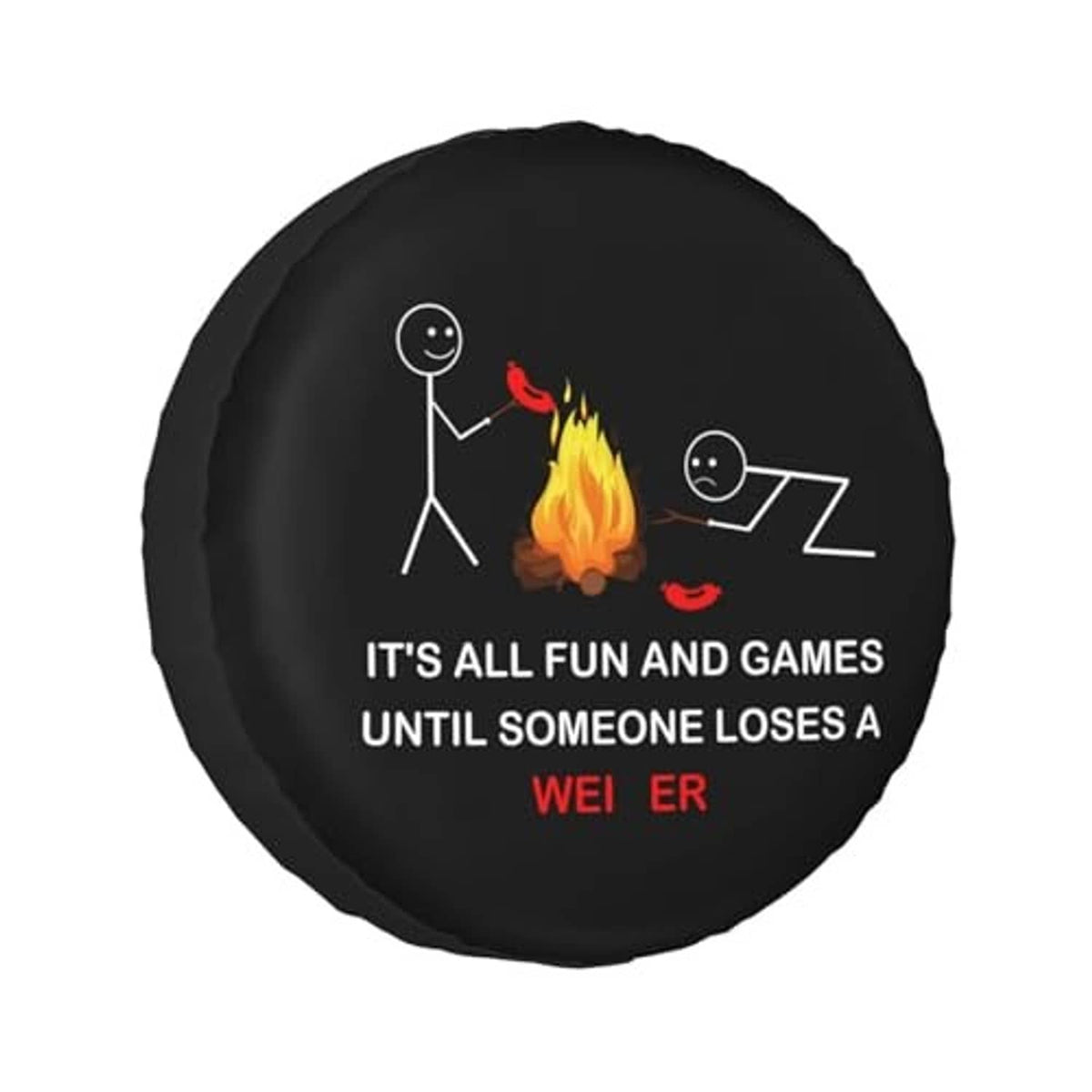 Black round spare tire cover with flame graphic and stick-figure slogan