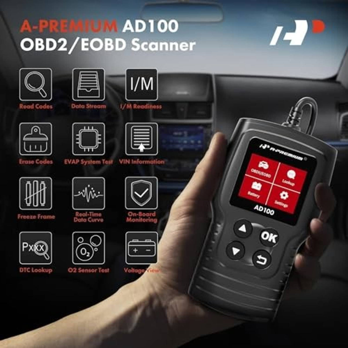 Handheld OBD2/EOBD scanner with color display and navigation buttons