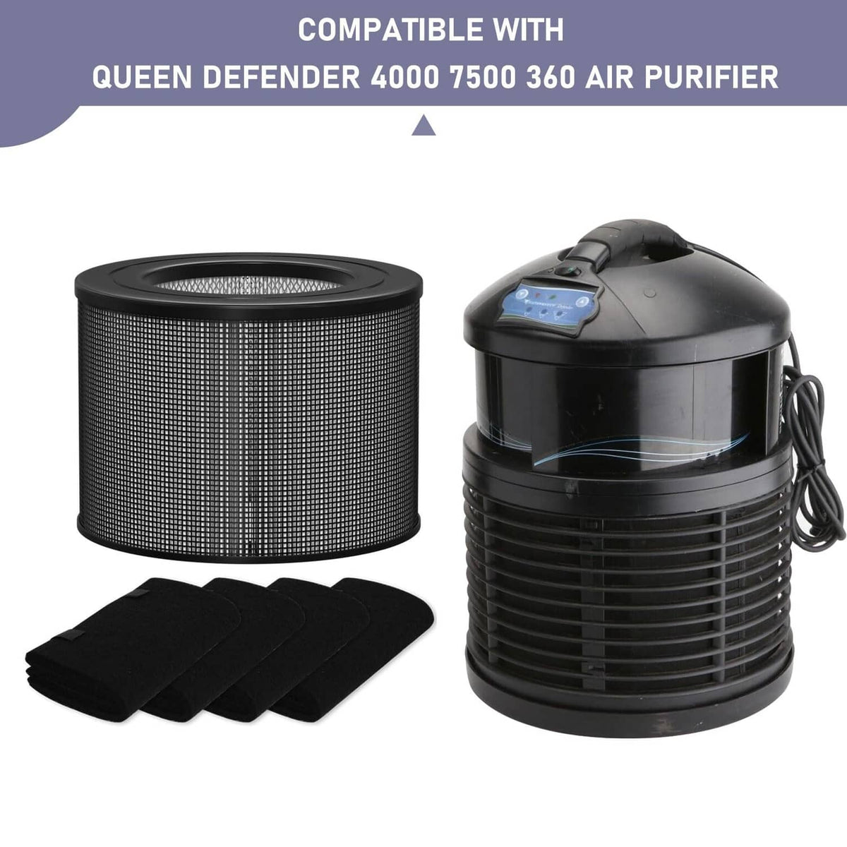 Black mesh HEPA filter cartridge and foldable black replacement pads for purifier