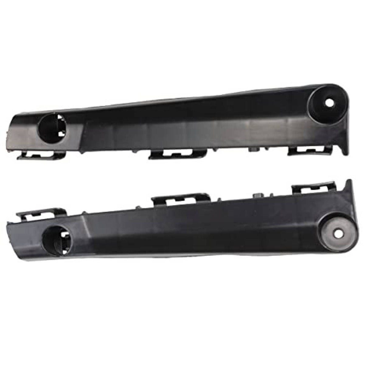 Front bumper bracket set: black plastic beams with circular end mounts and slot openings