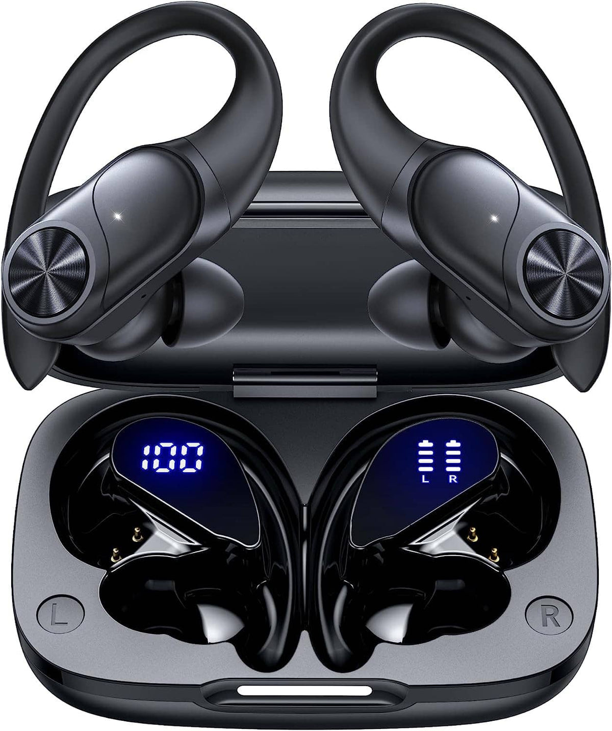 Black wireless earbuds in open case with blue LED screen and left/right indicators