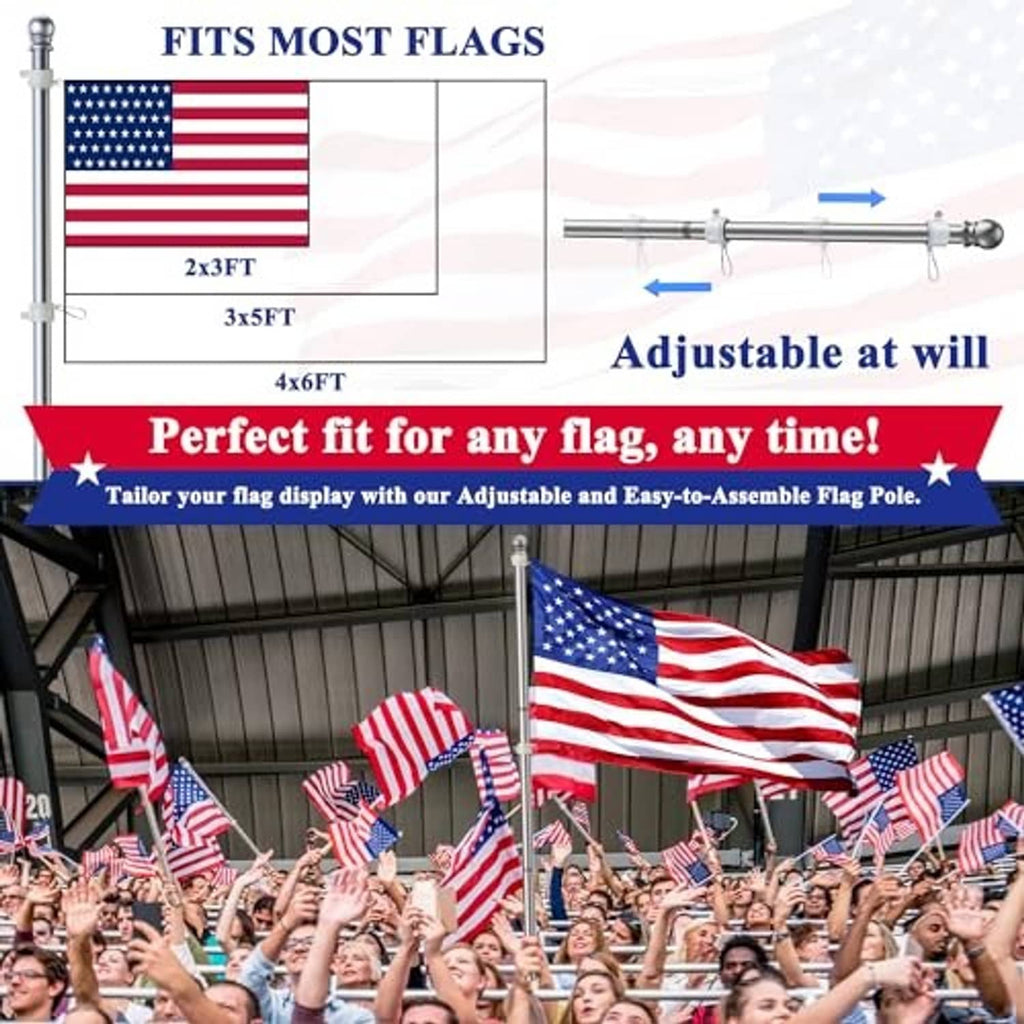 Adjustable stainless flagpole with ball finial and ring clips