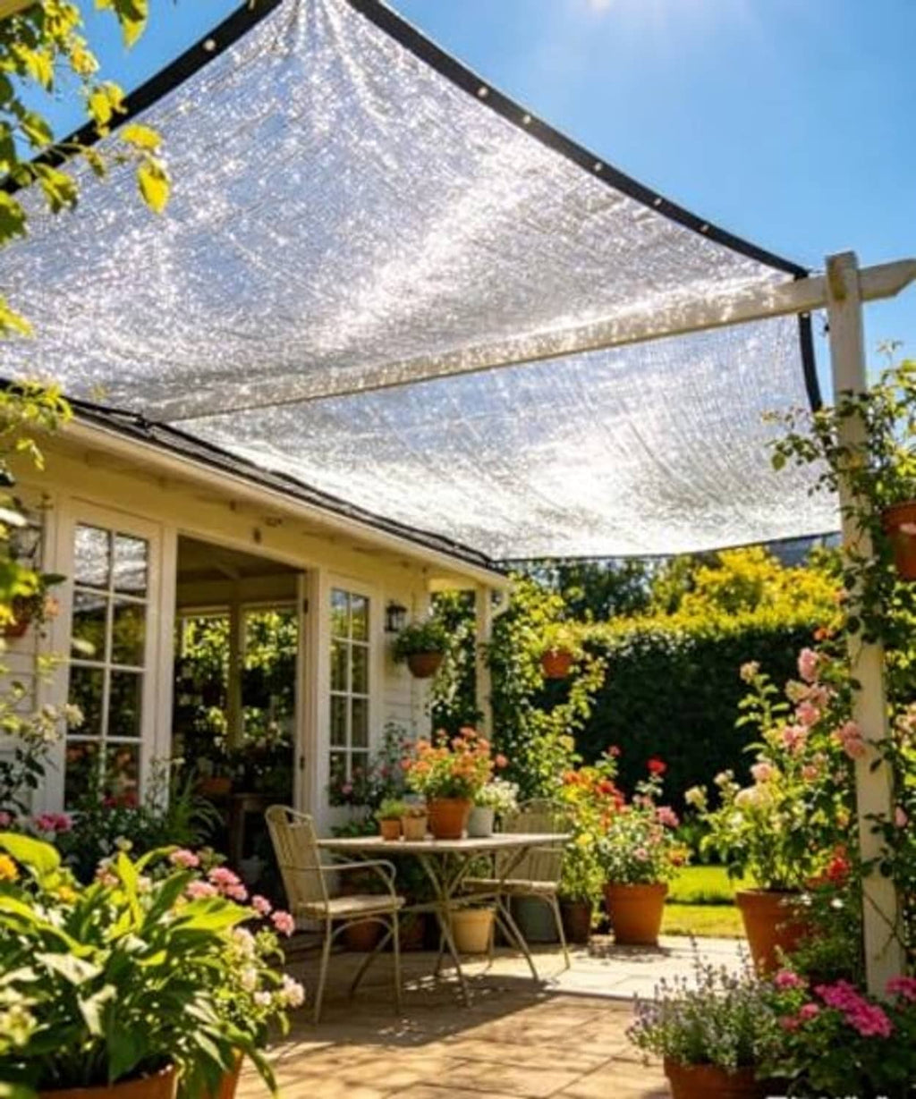 Silver shade cloth canopy stretched over an outdoor frame