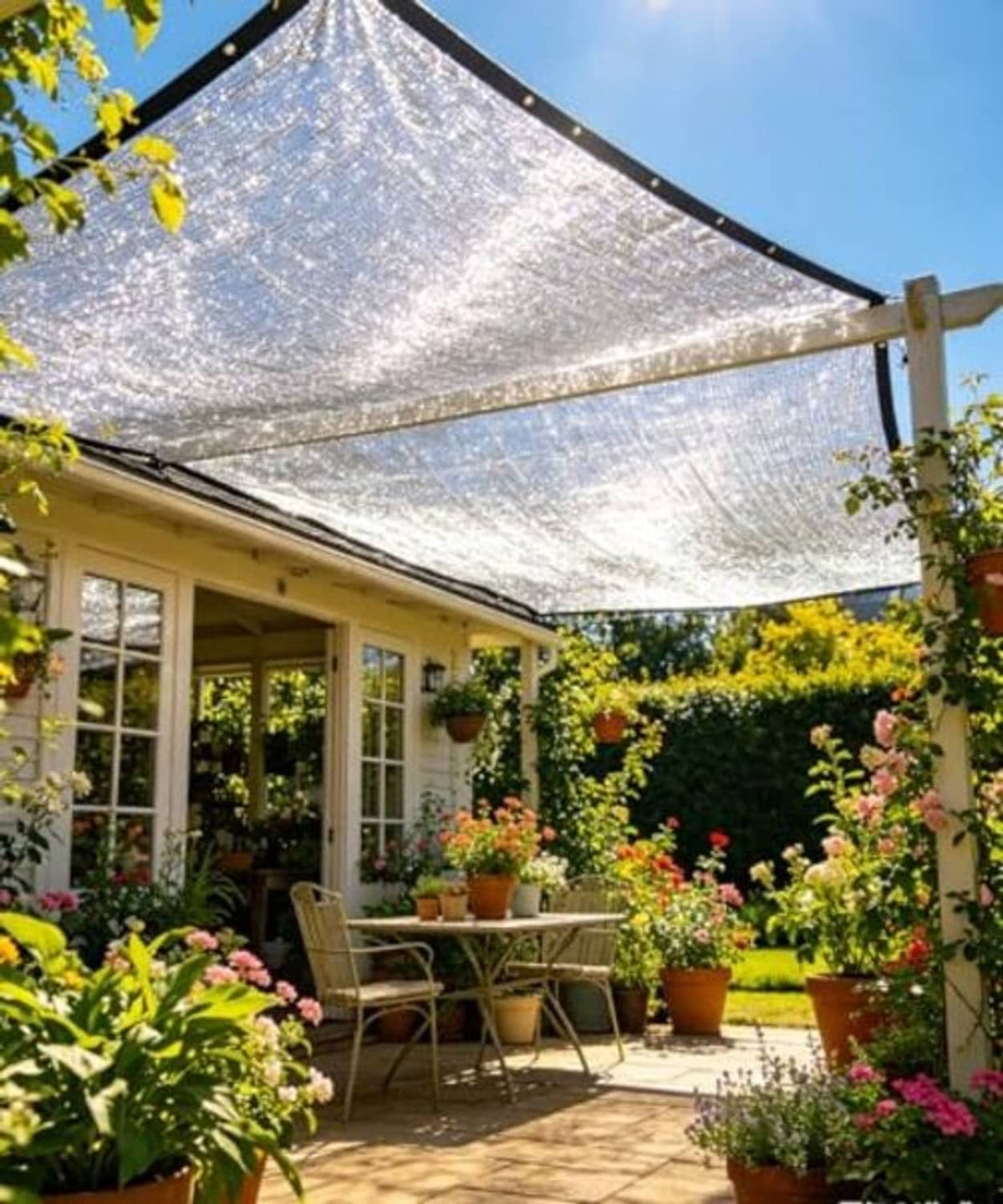 Silver shade cloth canopy stretched over an outdoor frame
