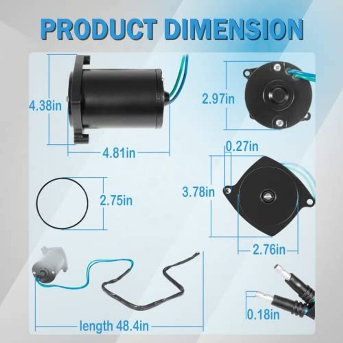 Black tilt and trim motor with wiring leads, shown with size/measurement diagram