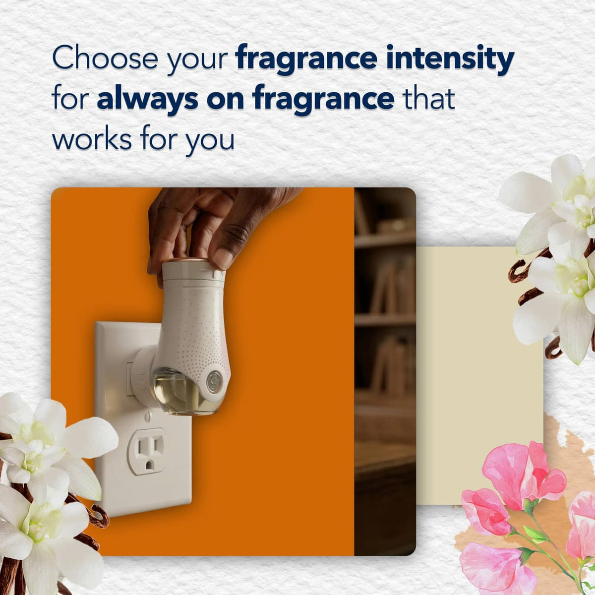 Hand inserting refill into plug-in air freshener warmer with adjustable intensity