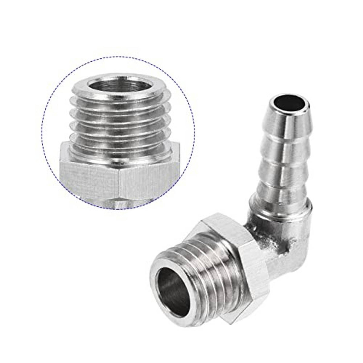 Nickel-plated 90° elbow hose barb fitting with barbed connector and threaded port