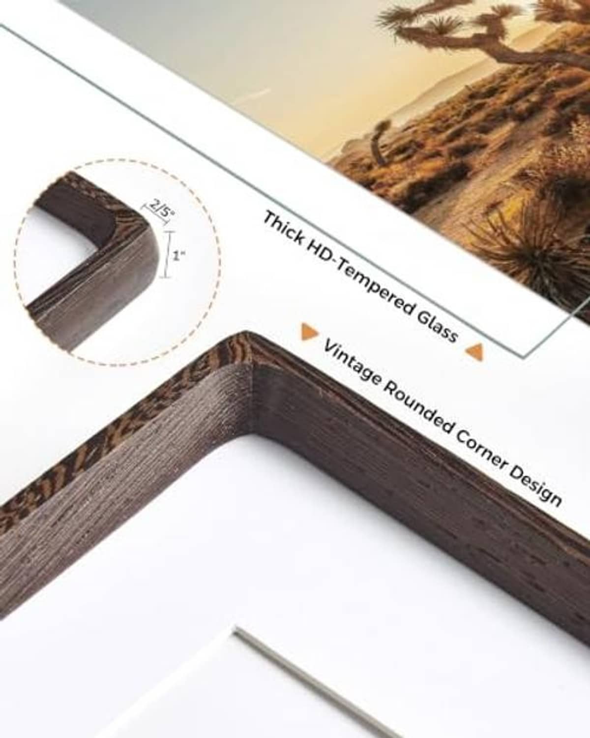 Wenge 11x14 frame corner detail with tempered glass and rounded corners
