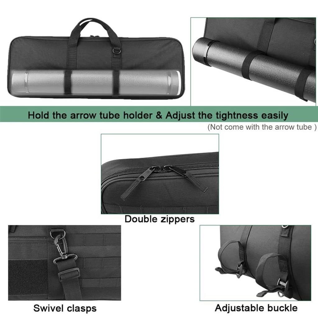 Black bow case with padded arrow tube holder area and double-zip closure