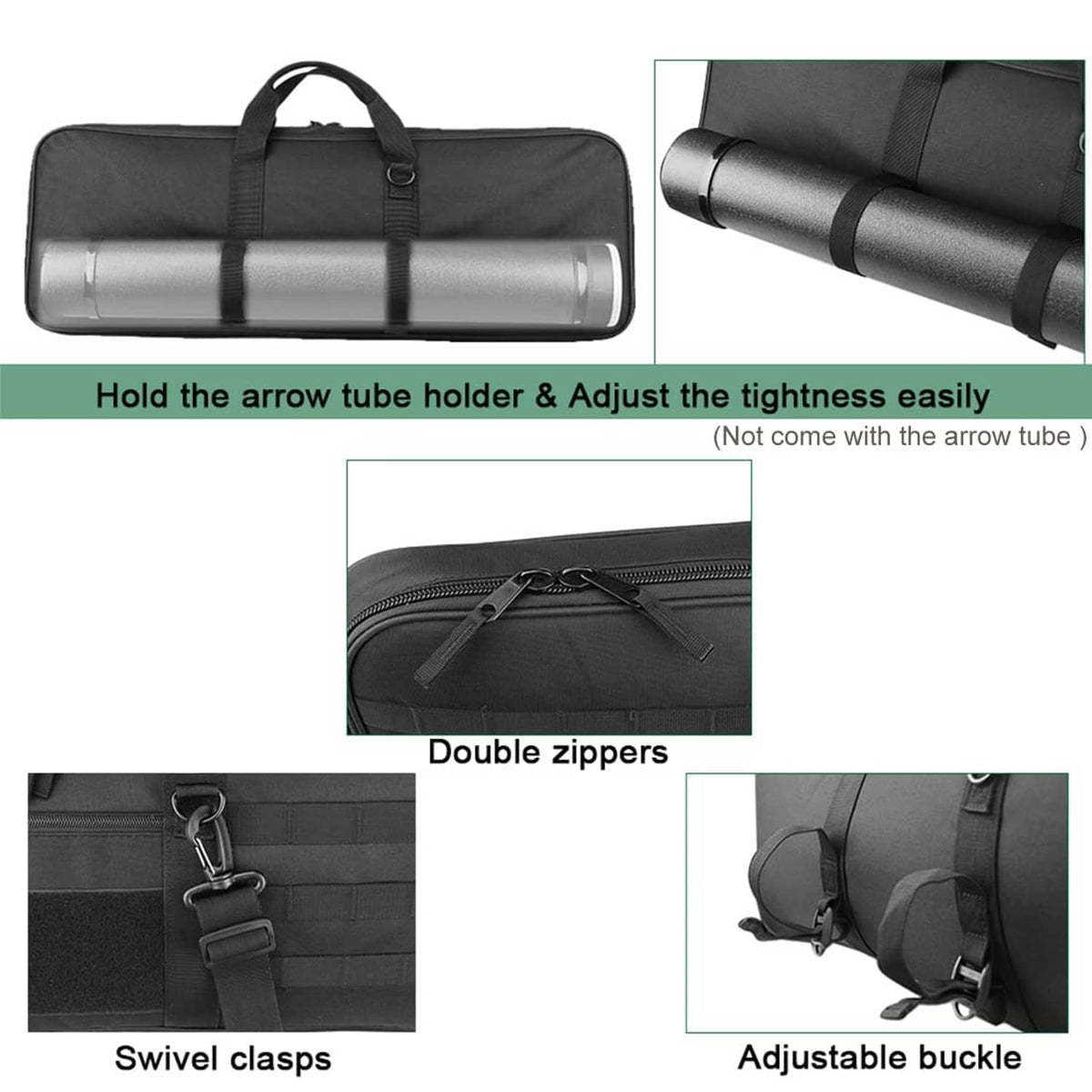 Black bow case with padded arrow tube holder area and double-zip closure