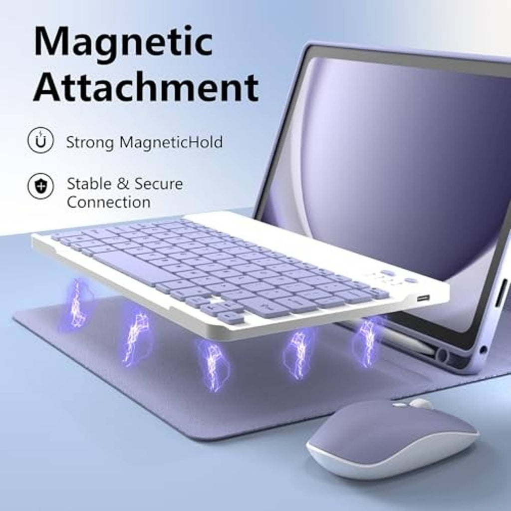 Purple tablet keyboard case with magnetic attachment and keyboard with trackpad