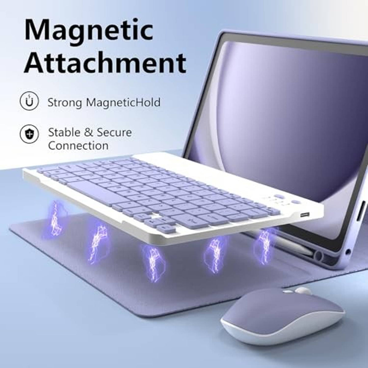 Purple tablet keyboard case with magnetic attachment and keyboard with trackpad