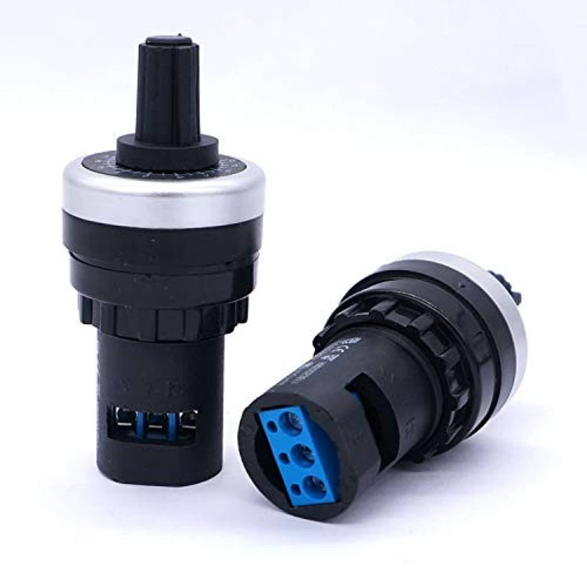 Rotary potentiometer pair with black body and blue three-pin connector