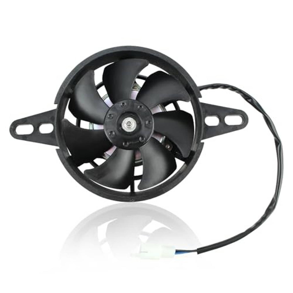 Motorcycle radiator cooling fan with black fan housing, mounting bracket, and wire harness