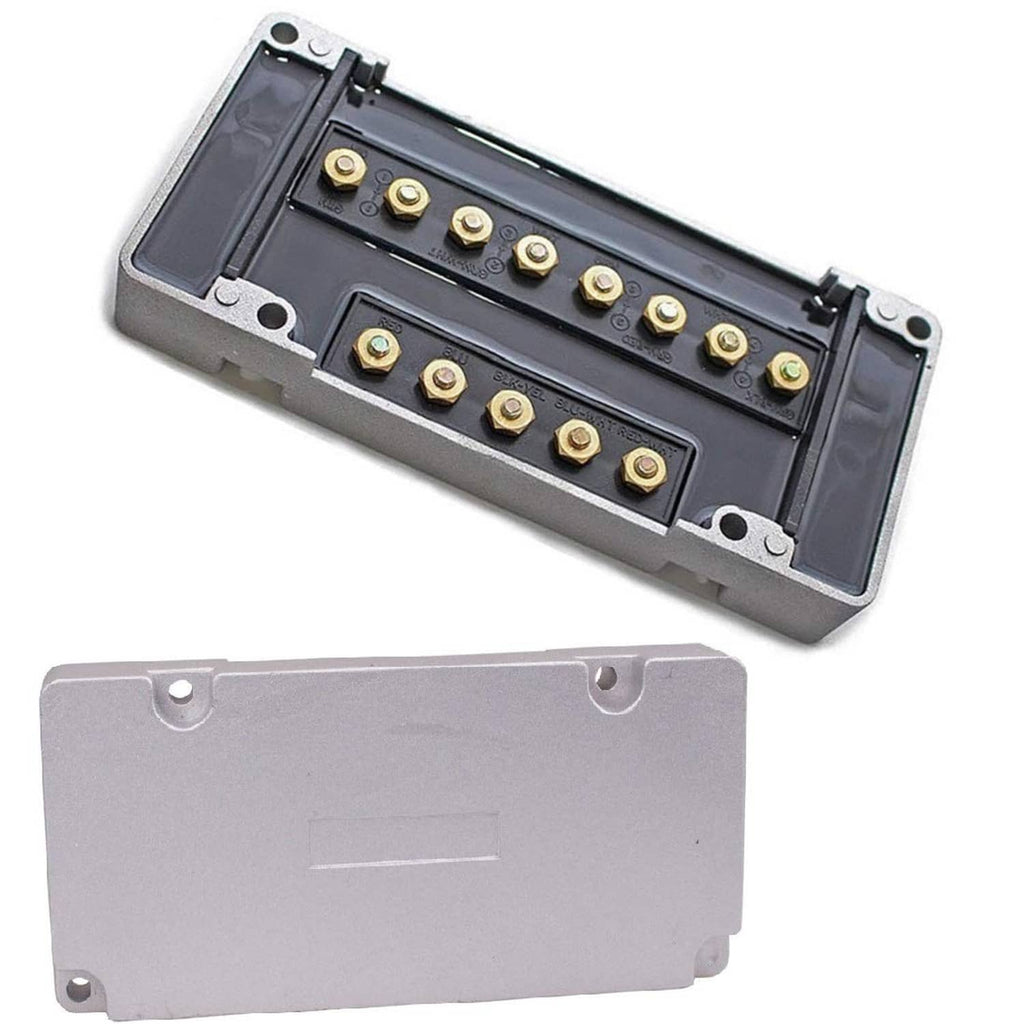 Grey outboard CDI ignition module with gold terminal pins and mounting screw posts