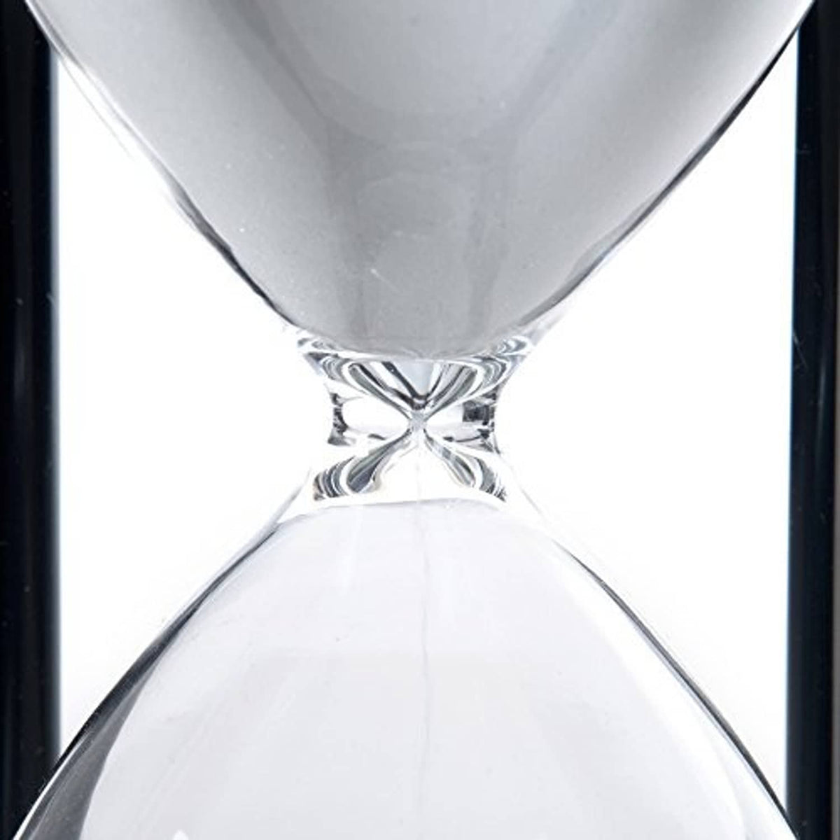 Close-up hourglass with white sand flowing through the glass center