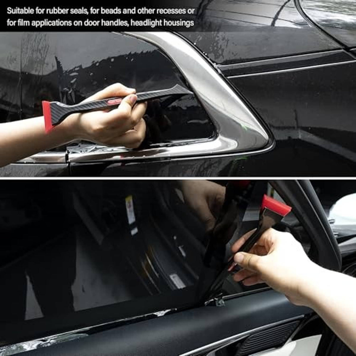 Hand using squeegee tool to smooth window film on a car, black blade with red tip