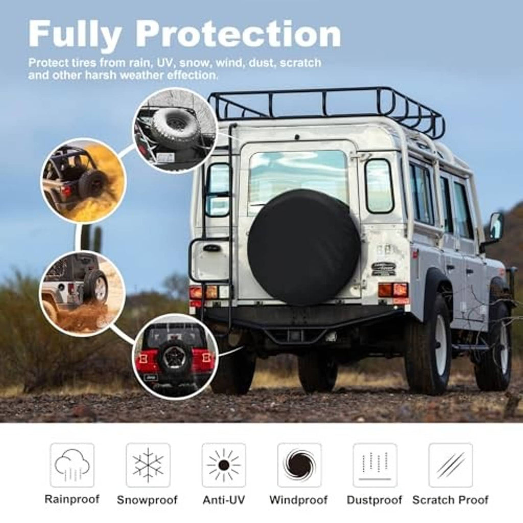 Black spare tire cover on spare wheel with rain, snow, and dust protection icons