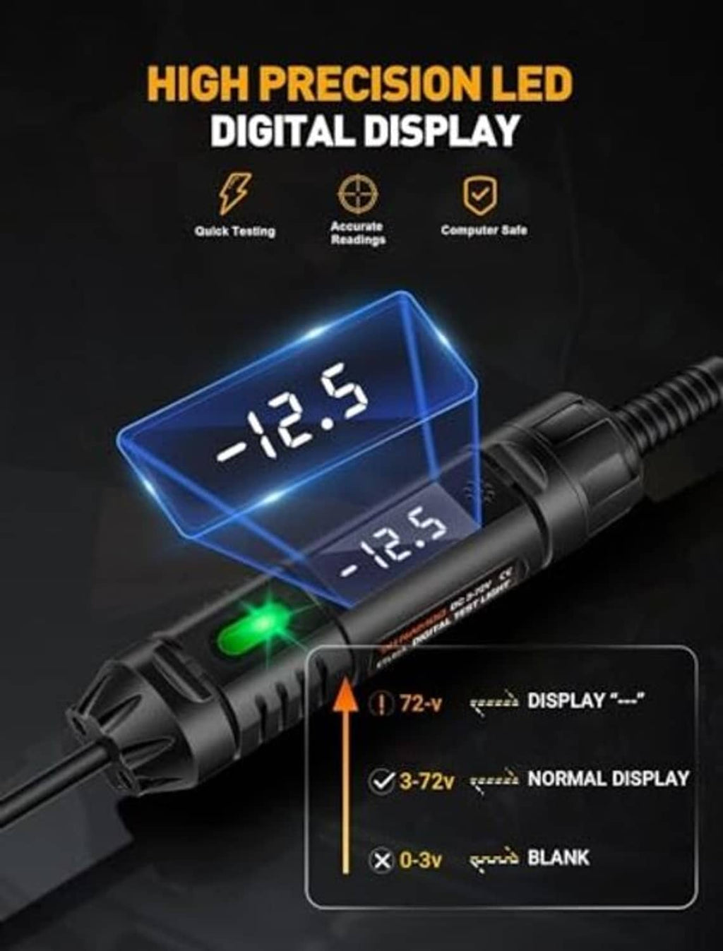 Digital circuit tester with blue LED voltage display and green status light