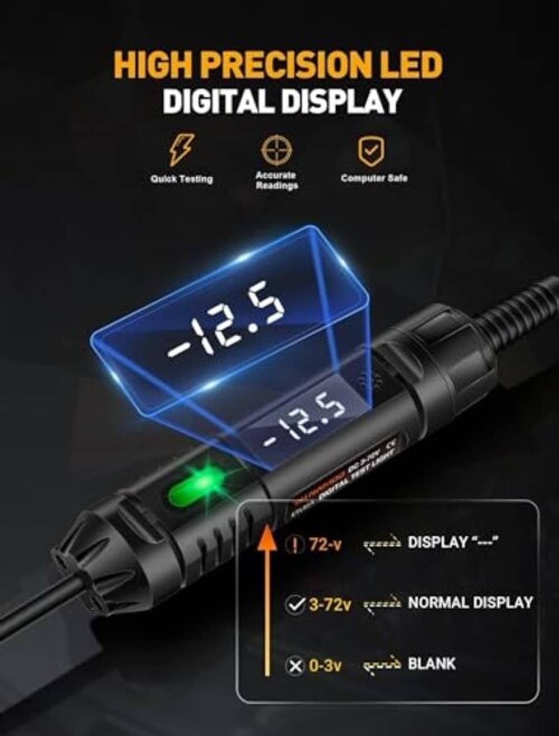 Digital circuit tester with blue LED voltage display and green status light