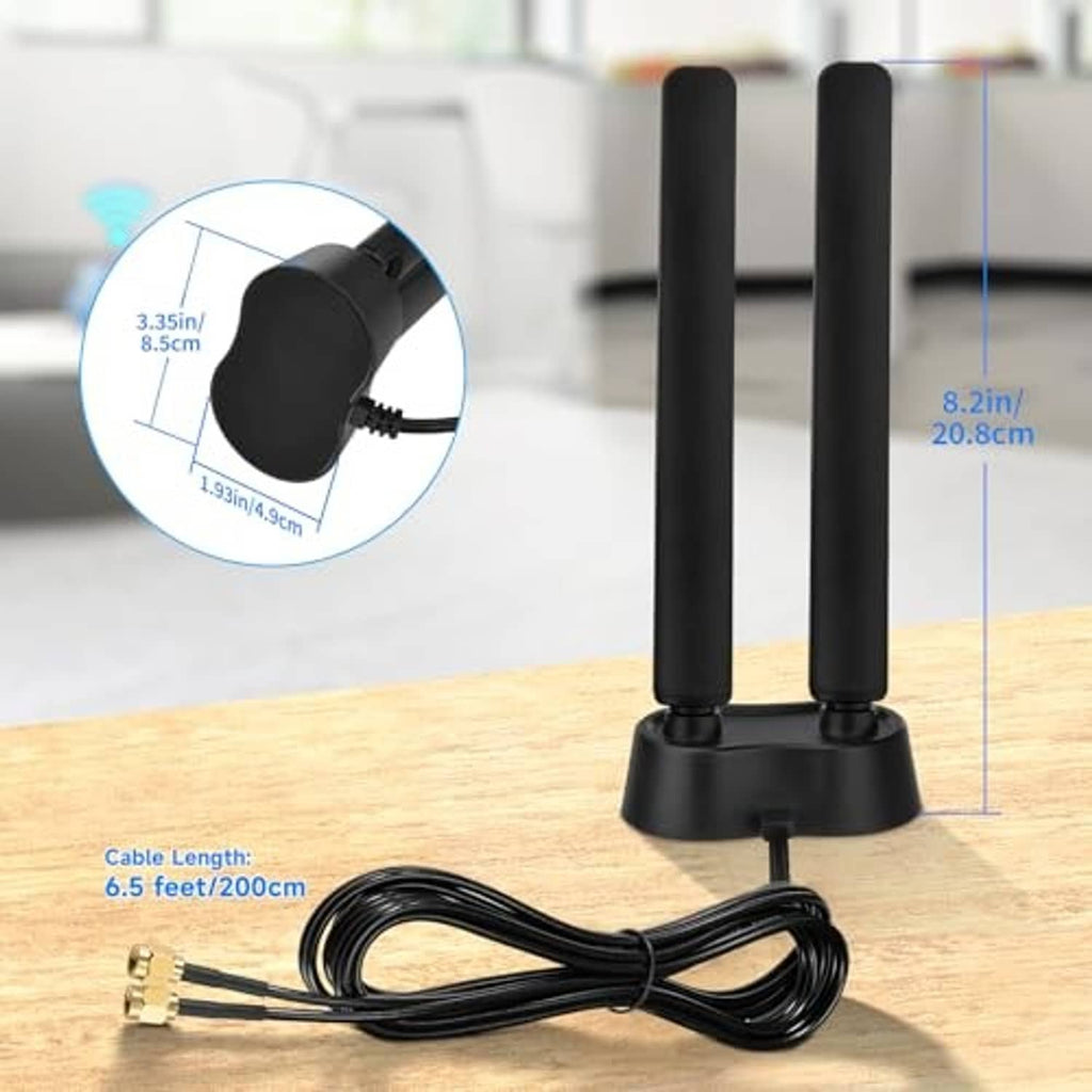 Magnetic WiFi 6E antenna with two black rods, cable length, and base for mounting