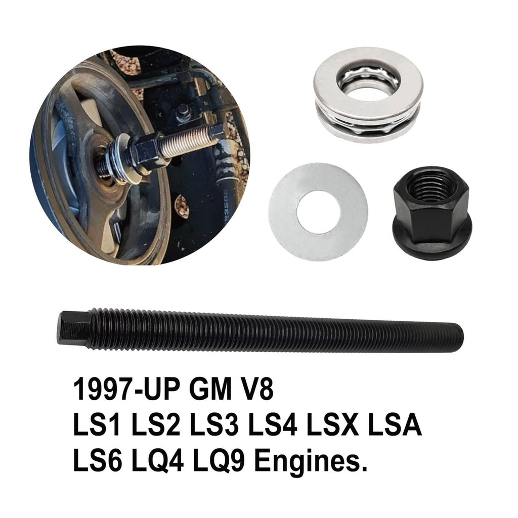 Harmonic balancer installation tool kit with threaded rod, washers, and black nut