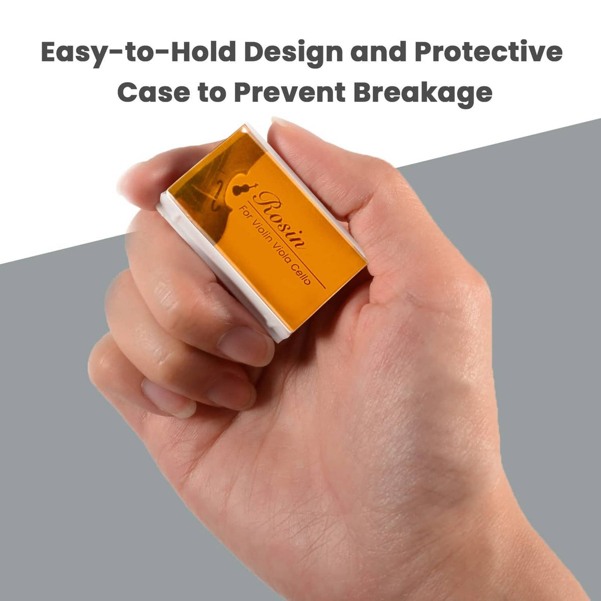 Violin, viola, and cello rosin block in a white protective holder, held in hand