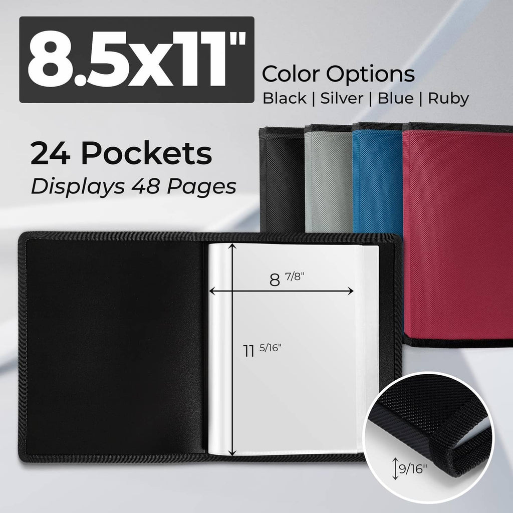 Black 8.5x11 portfolio folder with 24 pockets showing 48 pages; pocket size detail