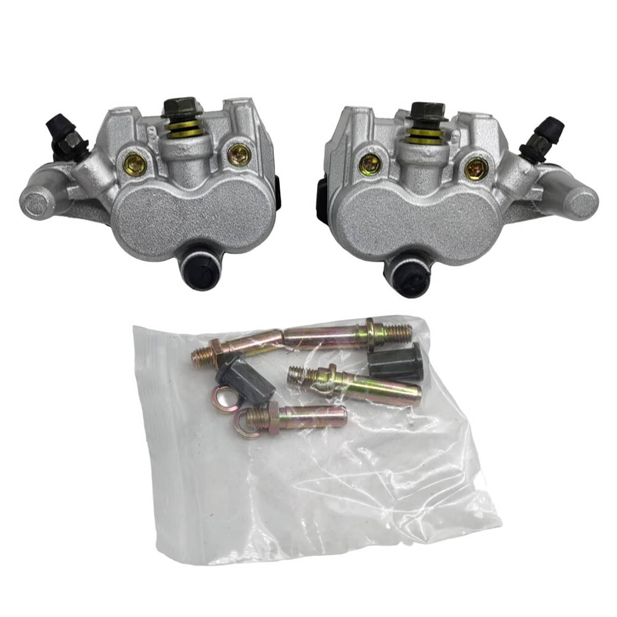Front brake caliper with black hose and yellow adjuster; mounting bolts in bag