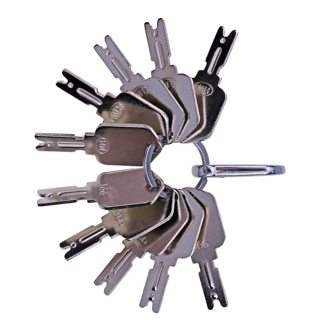 Silver forklift key set with several separate cut keys on a single ring