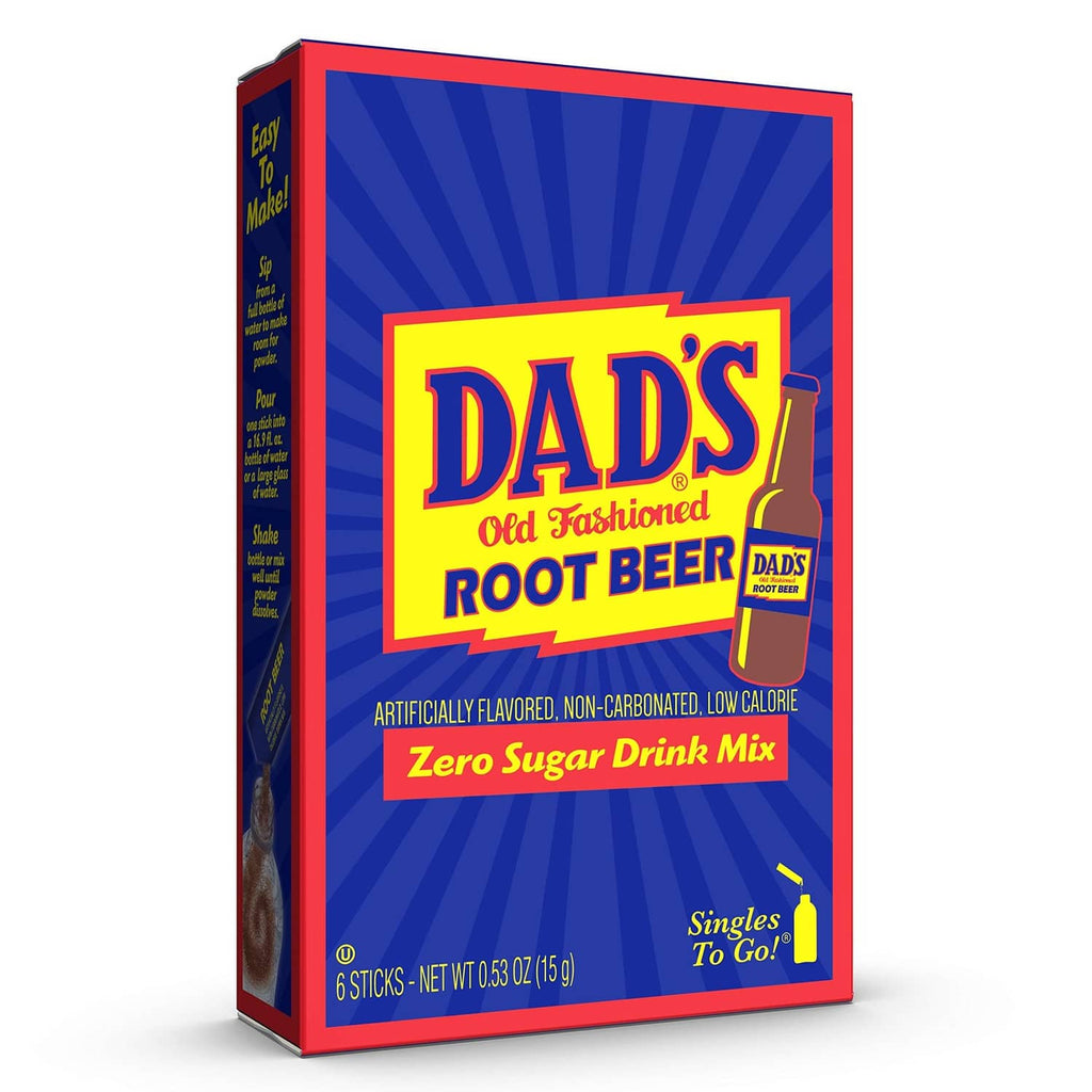Dad's Old Fashioned Root Beer zero sugar drink mix box, singles to go