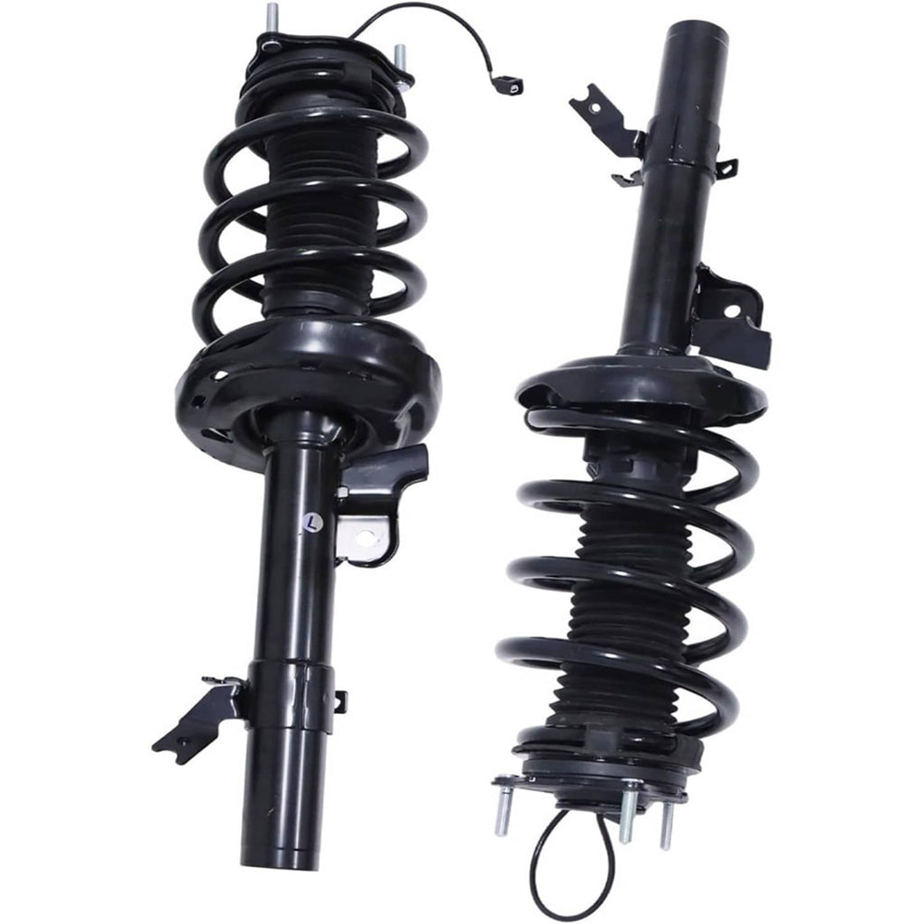 Front strut shock absorbers with black coil springs and mounting brackets, set of two