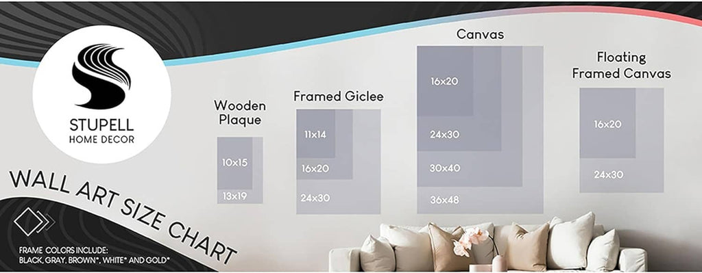 Wall art size chart showing wooden plaque, framed giclée, canvas, and floating framed canvas options.