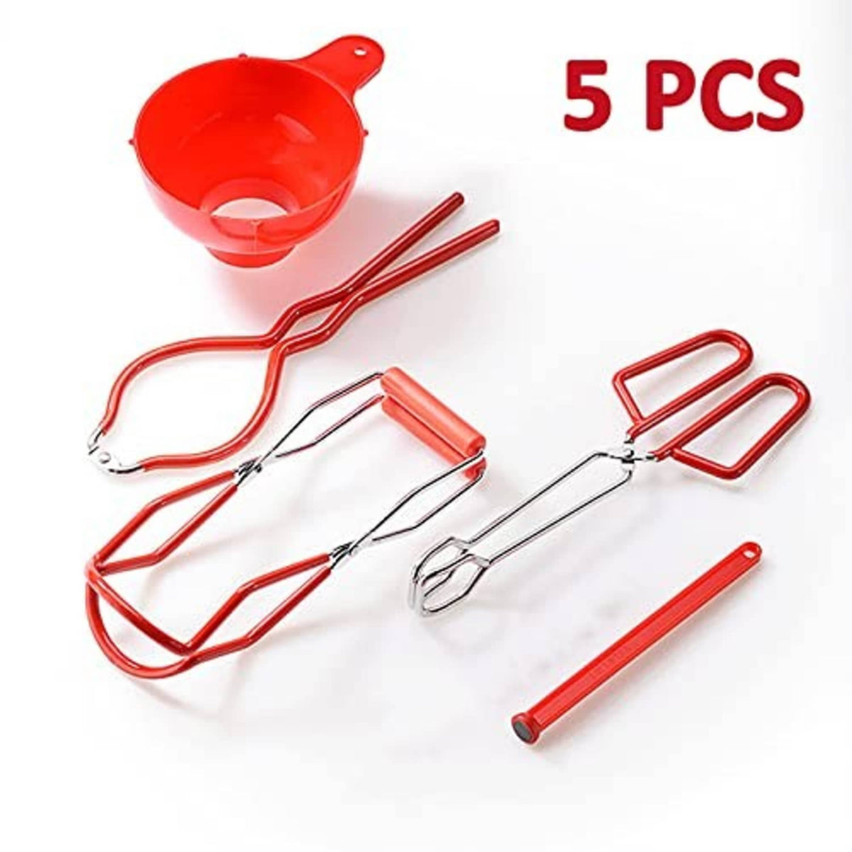 Red canning kit with funnel bowl and metal jar lifter tongs
