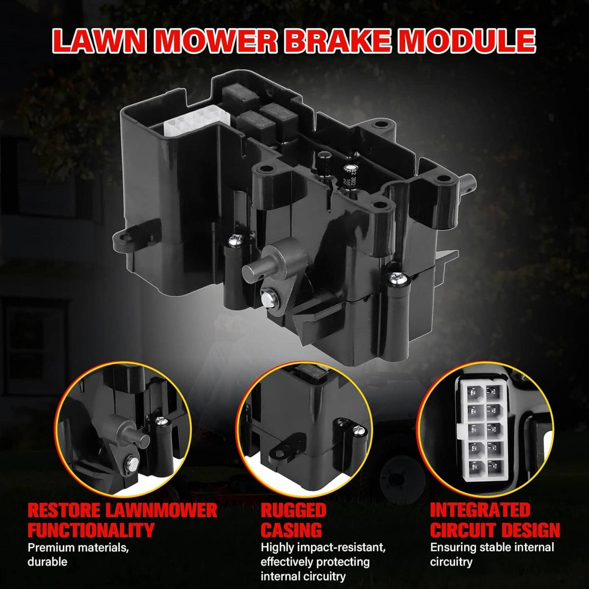 Black lawn mower brake module with mounting hardware and enclosed connector block