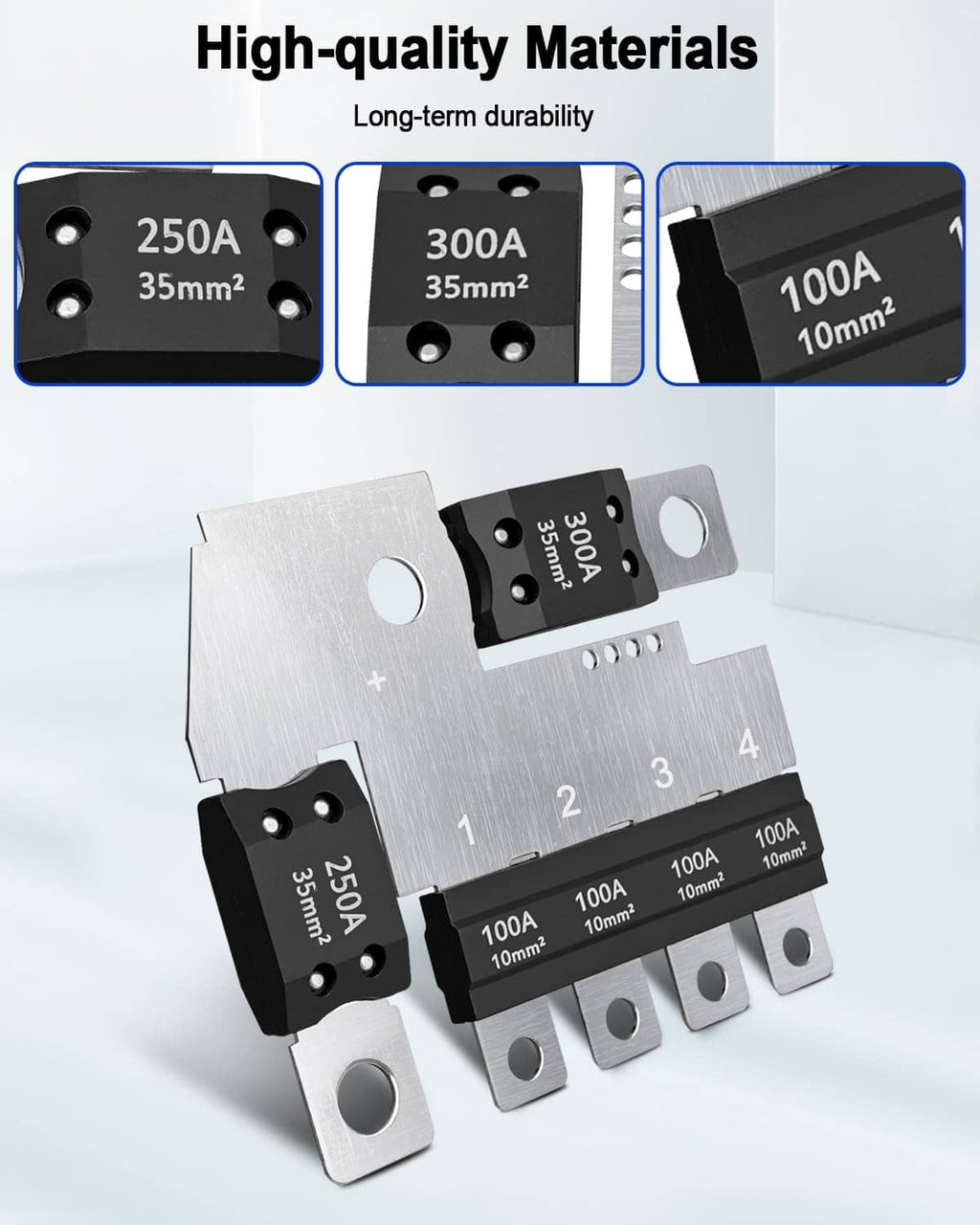 Main fuse block plate with black 250A/300A fuse module and silver terminals
